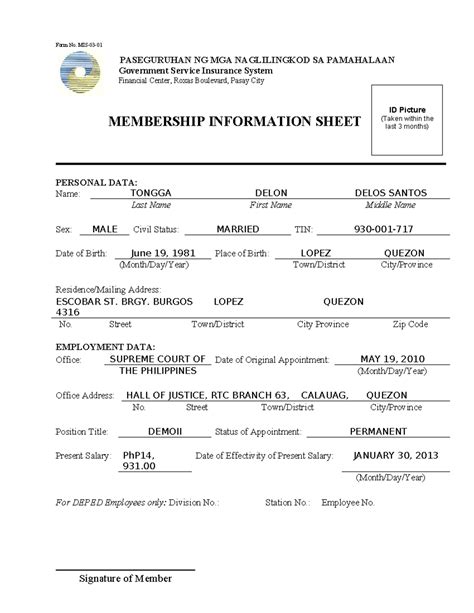 gsis membership information sheet|Membership Information Sheet: Paseguruhan NG .